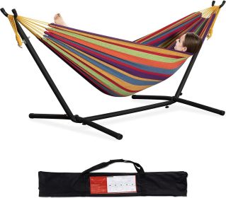 Double Hammock with Space Saving Steel Stand 2 Person Heavy Duty Garden Yard Outdoor 450lb Capacity Hammocks and Portable Carrying Bag (Tropical)